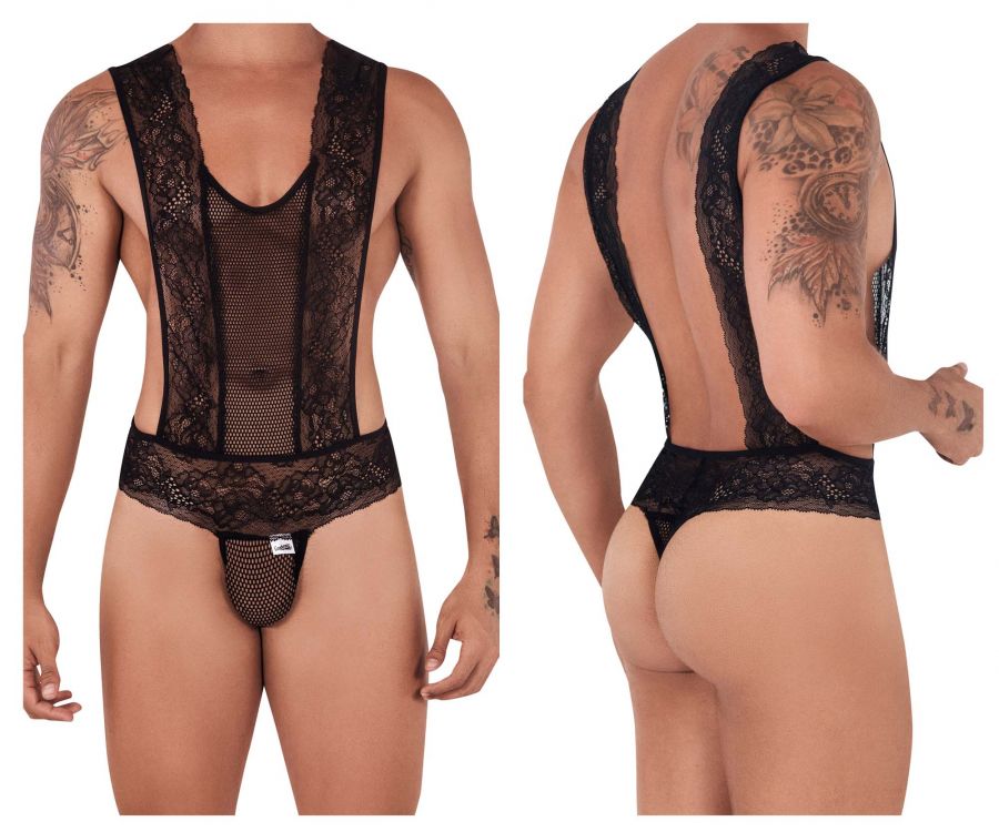 [CandyMan] Mesh-Lace Bodysuit Thongs Black (99518)