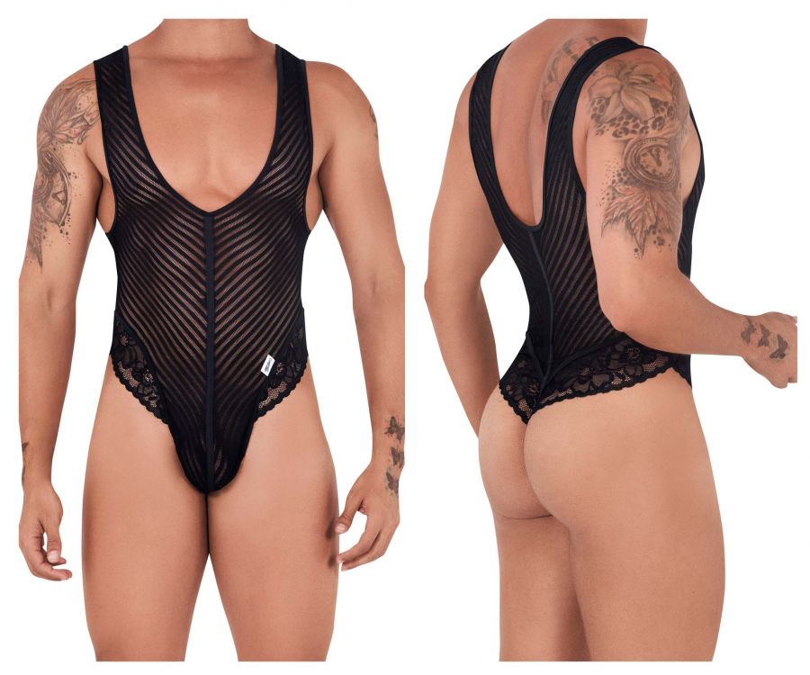 [CandyMan] Lace-Mesh Bodysuit Thong Black (99522)