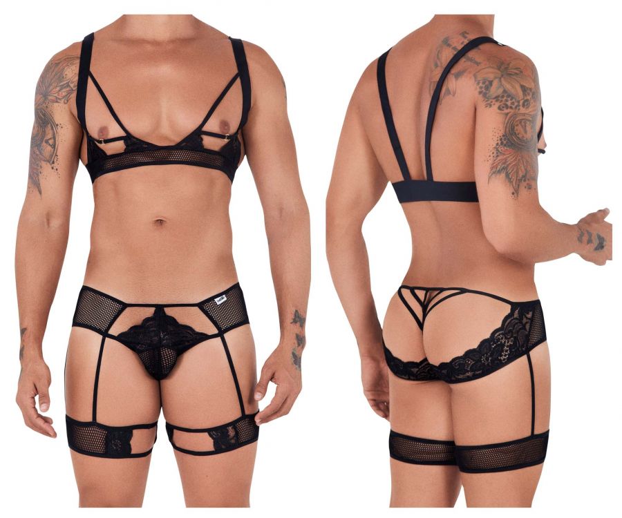 [CandyMan] Cut-Out Top and Garter Thongs Set Black (99527)