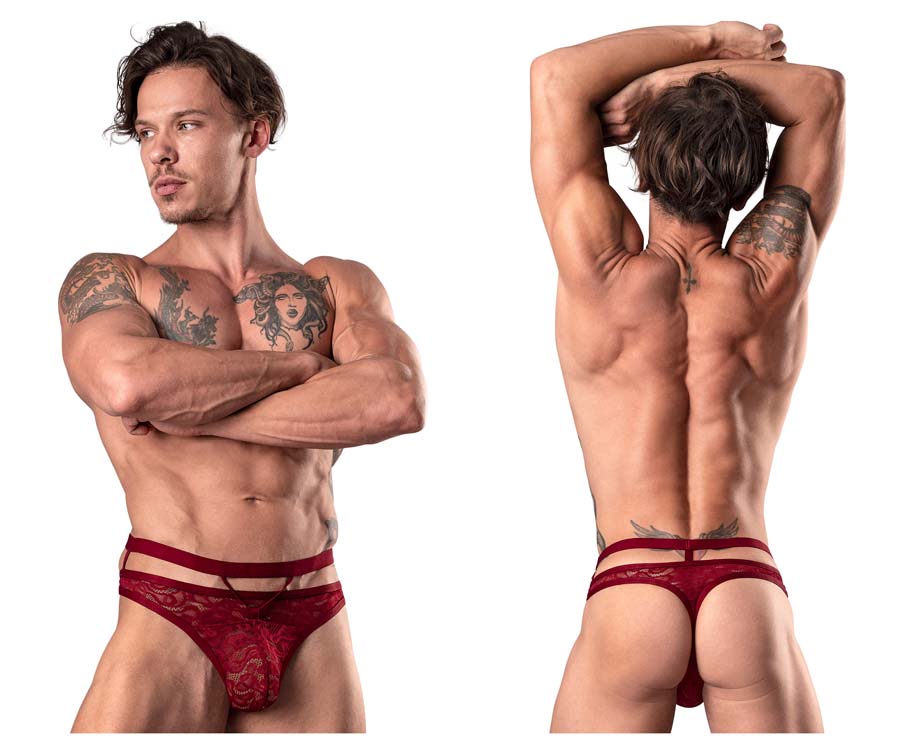 [Male Power] Lucifer Cut Out Strappy Thong Burgundy (446-289)